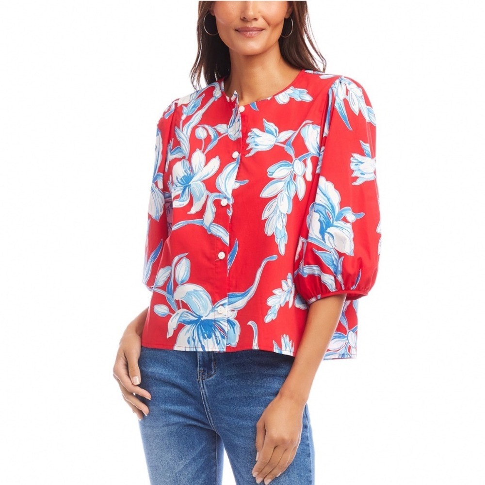 Karen Kane Red Floral Puff Sleeve Button Front Shirtโ XL 2L22401 New